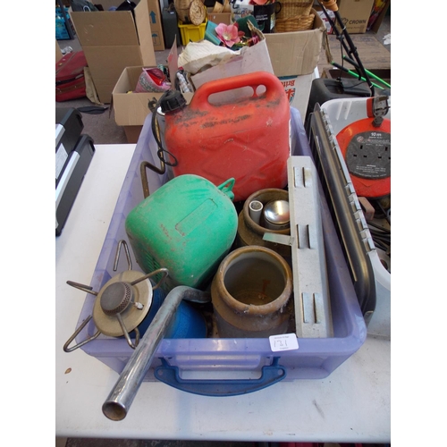 131 - THREE MIXED BOXES CONTAINING VINTAGE OIL CANS, CARAVAN TOWING MIRRORS, ELECTRICAL ITEMS, TOOLS ETC