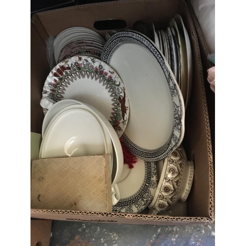 244 - FOUR BOXES CONTAINING TEDDY BEARS, CHINA, GLASSWARE, KITCHENALIA ETC