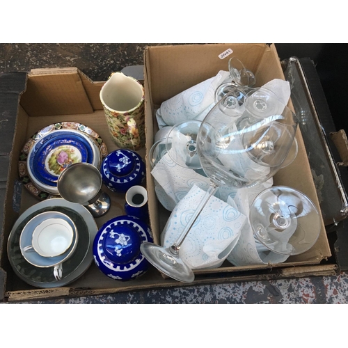 245 - TWO BOXES CONTAINING MIXED CHINA, VASES, GLASSWARE, KITCHENALIA, BRIEFCASE ETC