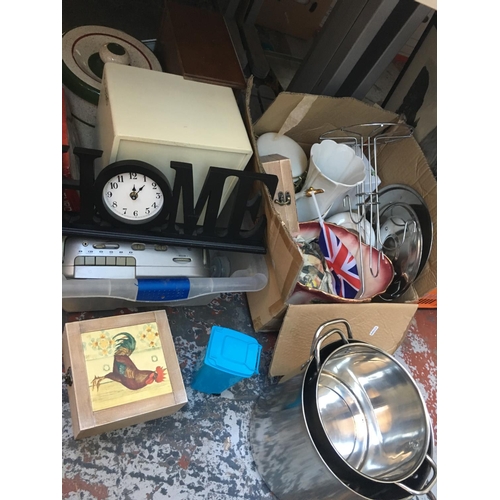 246 - FIVE BOXES CONTAINING CLOCKS, RADIOS, KITCHENALIA, CHINA, GLASSWARE, PICTURES ETC