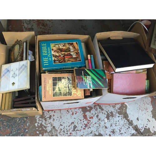 249 - FOUR BOXES CONTAINING BOOKS, PICTURES, GLASSWARE, WALKING STICKS, BRUSHES ETC