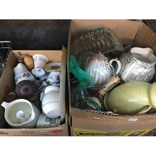 259 - SIX BOXES CONTAINING MIXED CHINA, GLASSWARE, COPPERWARE, SILVER PLATED WARE, VASES ETC