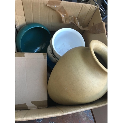 269 - THREE BOXES CONTAINING VASES, WOODEN BOXES, BRASSWARE, CLEANING PRODUCTS ETC