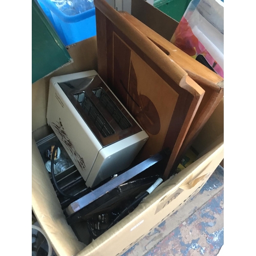 270 - FOUR BOXES CONTAINING ELECTRICAL ITEMS, KITCHENALIA, GLASSWARE ETC