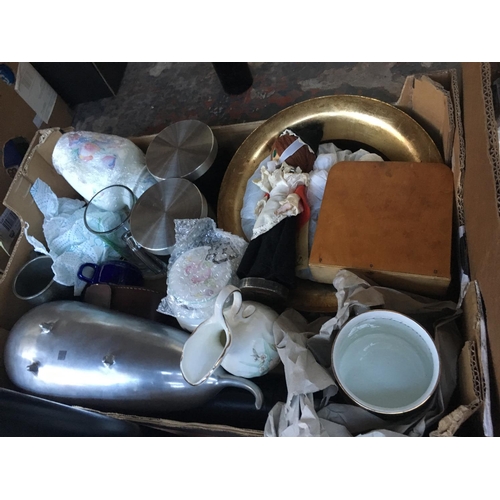 274 - THREE BOXES CONTAINING MIXED CHINA, GLASSWARE, PARTY PROPS ETC