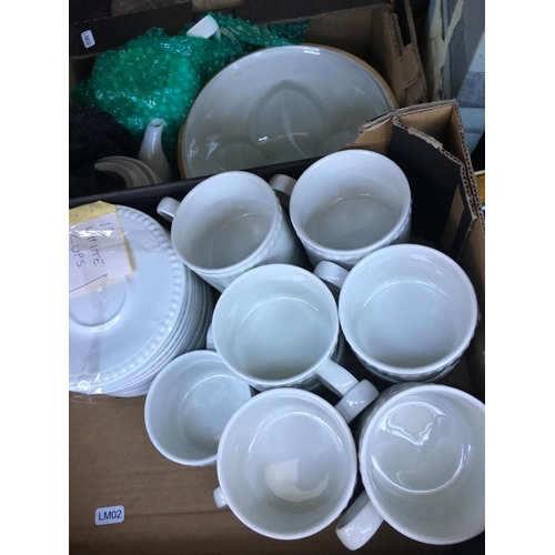 275 - THREE BOXES CONTAINING KITCHENALIA, BOWLS, PICTURES ETC