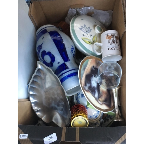 276 - THREE BOXES CONTAINING MIXED CHINA, GLASSWARE, SILVER PLATED WARE, BOOKENDS ETC