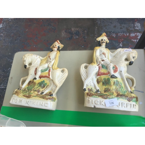 301 - TWO CERAMIC STAFFORDSHIRE FLATBACK FIGURES TO INCLUDE DICK TURPIN AND TOM X KING