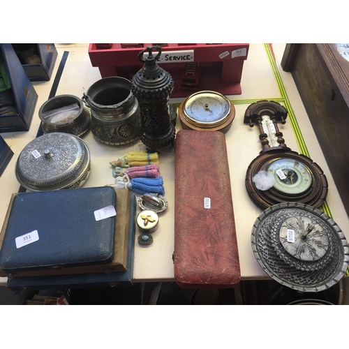 351 - EIGHTEEN MIXED ITEMS TO INCLUDE BOXED CUTLERY, SILVER PLATED WARE, BAROMETERS ETC