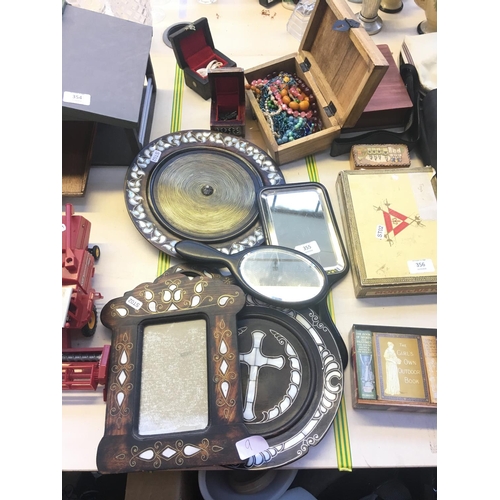 355 - NINE ITEMS TO INCLUDE MOTHER OF PEARL PICTURE FRAMES, MIRRORS, THREE BOXES ETC