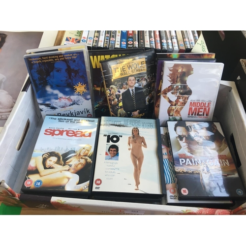 364 - TWO BOXES OF DVD'S TO INCLUDE SPREAD, THE WOLF OF THE WALL STREET, SATURDAY NIGHT FEVER, WATCHMAN ET... 