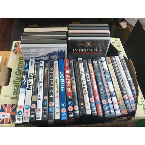 364 - TWO BOXES OF DVD'S TO INCLUDE SPREAD, THE WOLF OF THE WALL STREET, SATURDAY NIGHT FEVER, WATCHMAN ET... 