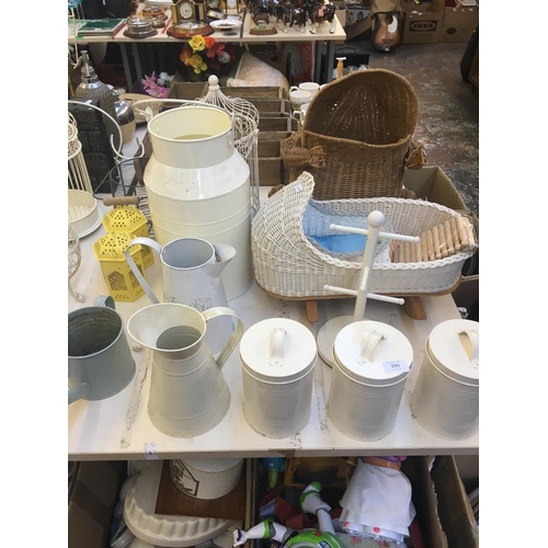 396 - TWENTY EIGHT MIXED ITEMS TO INCLUDE WICKER BASKETS, METAL CANDLE HOLDERS, KITCHEN STORAGE JARS ETC