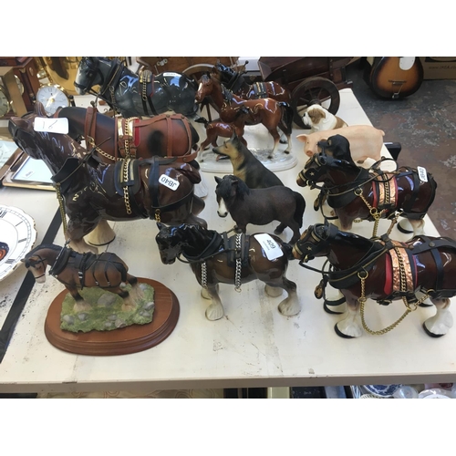 409 - SIXTEEN ITEMS TO INCLUDE SHIRE HORSE FIGURES, DOG FIGURES, PIG FIGURE ETC