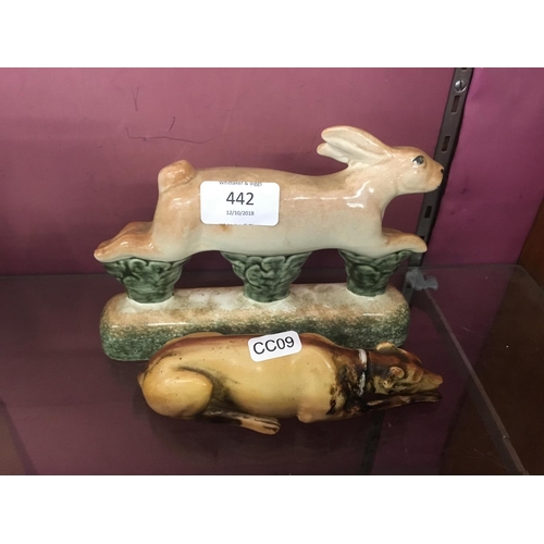 442 - A CERAMIC RABBIT FIGURE AND A GREYHOUND FIGURE