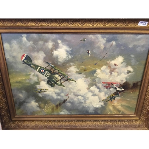 448 - AN OIL ON BOARD OF 'KNIGHTS OF THE AIR' IN GILT FRAME TOGETHER WITH A HARDBACK KNIGHTS OF THE AIR BO... 