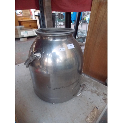 45 - A SWEDISH STAINLESS STEEL MILK CHURN WITH LID