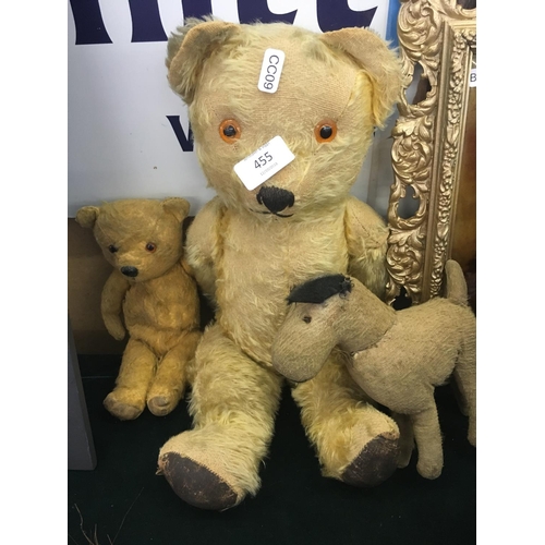 455 - TWO VINTAGE TEDDY BEARS AND A VINTAGE DOG TEDDY