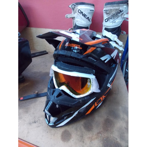 47 - THREE ITEMS TO INCLUDE BLACK, ORANGE AND WHITE ONEAL MOTOCROSS HELMET AND GOGGLES, AND A PAIR OF BLA... 