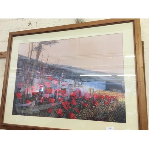 489 - AN OAK FRAMED REMEMBRANCE DAY PRINT OF A POPPY FIELD