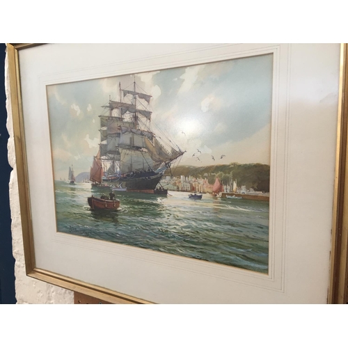 491 - TWO FRAMED WATERCOLOURS TO INCLUDE A SHIP AT SAIL AND A WINTER SCENE