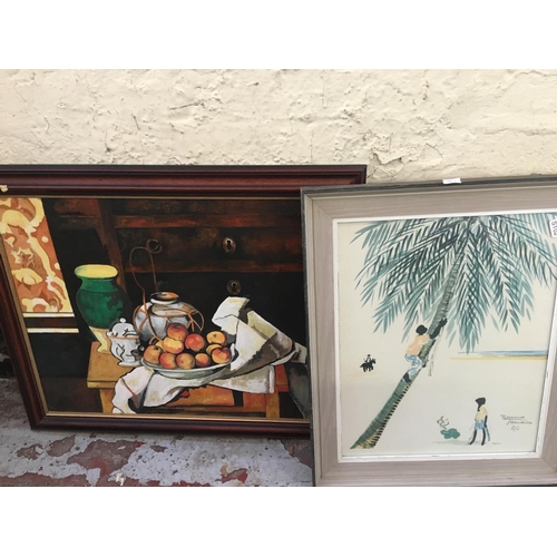 493 - A FRAMED STILL LIFE OF VESSELS FRUIT ON A CHEST AND ONE OTHER