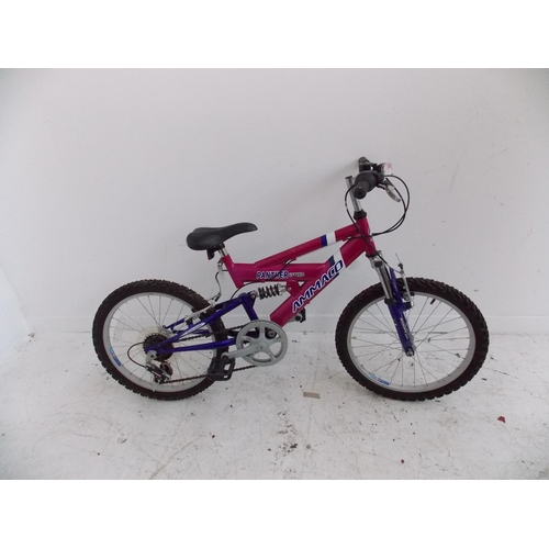 5 - A PURPLE AND PINK AMMACO PANTHER DUAL SUSPENSION MOUNTAIN BIKE WITH SIX SPEED SHIMANO GEAR SYSTEM