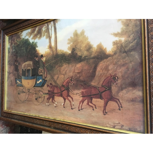 501 - FIVE ITEMS TO INCLUDE A PRINT OF COACH AND HORSES, GOLFING SCENE PICTURE, A HORSE AND CARRIAGE PICTU... 