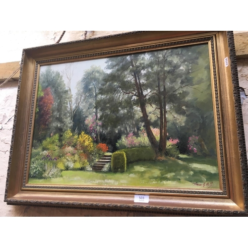 503 - A GILT FRAMED OIL ON BOARD OF A FORMAL GARDEN SCENE BY THOMAS G HILL