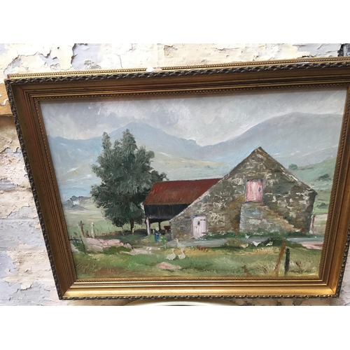 507 - A GILT FRAMED OIL ON BOARD OF A FARMYARD SCENE BY THOMAS G HILL