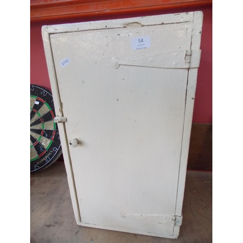 54 - A WHITE PAINTED SMALL WOODEN CABINET CONTAINING PAINTS ETC