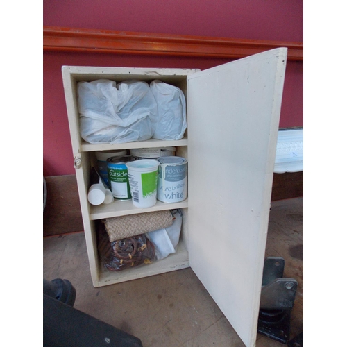 54 - A WHITE PAINTED SMALL WOODEN CABINET CONTAINING PAINTS ETC