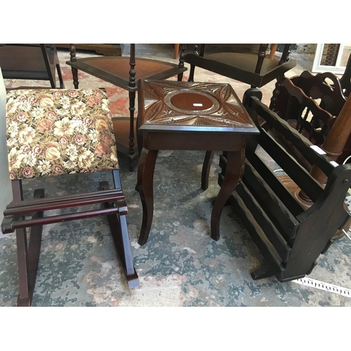 542 - THREE ITEMS TO INCLUDE A PINE MAGAZINE RACK, GOUT STOOL AND A SMALL MAHOGANY OCCASIONAL TABLE