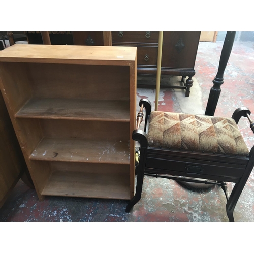 579 - TWO ITEMS TO INCLUDE A VINTAGE PIANO STOOL AND A PINE BOOKCASE