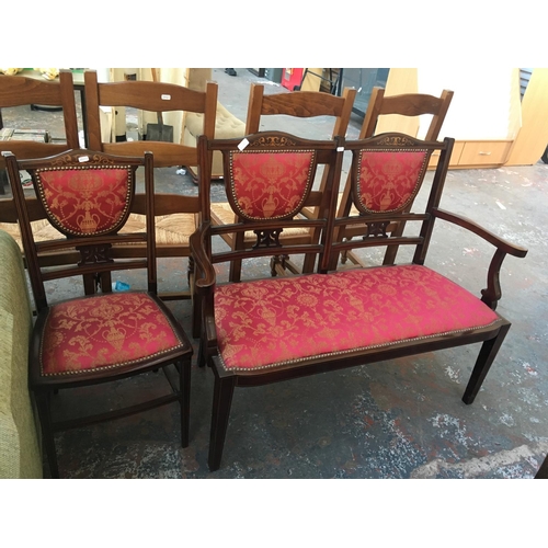 649C - AN EDWARDIAN INLAID MAHOGANY TWO SEATER PARLOUR SOFA AND A MATCHING CHAIR