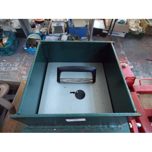 98 - A GREEN METAL FLOOR SAFE (TWO KEYS IN OFFICE)