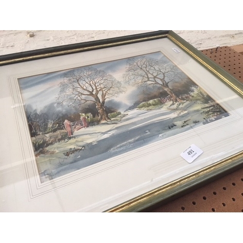 491 - TWO FRAMED WATERCOLOURS TO INCLUDE A SHIP AT SAIL AND A WINTER SCENE