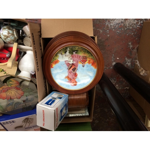 336 - SEVEN BOXES AND A SUITCASE CONTAINING MIXED CHINA, GLASSWARE, PICTURE FRAMES, MIRRORS, DIECAST MODEL... 