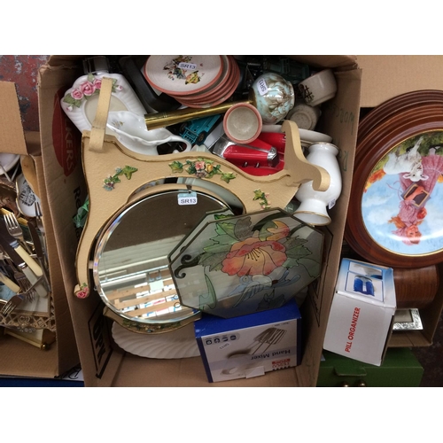 336 - SEVEN BOXES AND A SUITCASE CONTAINING MIXED CHINA, GLASSWARE, PICTURE FRAMES, MIRRORS, DIECAST MODEL... 