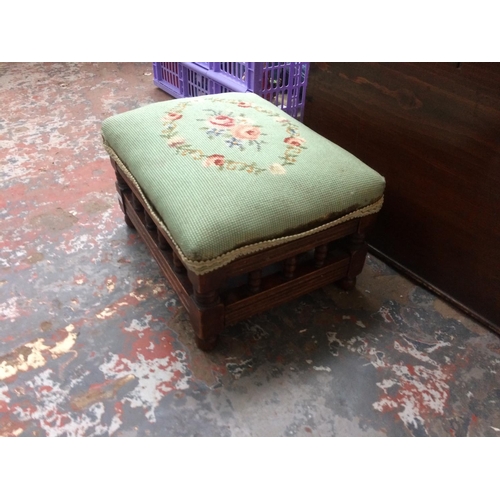 338 - THREE ITEMS TO INCLUDE A GEORGIAN MAHOGANY BOX WITH NO LID, MAHOGANY TAPESTRY COVERED STOOL AND A VI... 