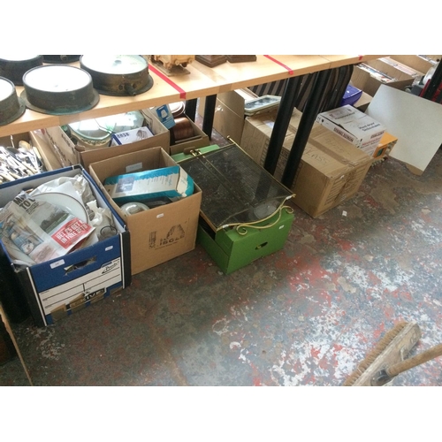 339 - FIVE BOXES CONTAINING MIXED GLASSWARE, ELECTRICAL ITEMS, SKIPPING ROPE, BRASS FIRE FENDER ETC