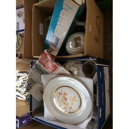 339 - FIVE BOXES CONTAINING MIXED GLASSWARE, ELECTRICAL ITEMS, SKIPPING ROPE, BRASS FIRE FENDER ETC