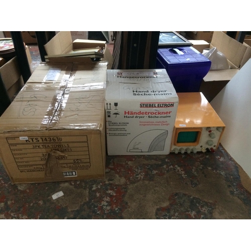 339 - FIVE BOXES CONTAINING MIXED GLASSWARE, ELECTRICAL ITEMS, SKIPPING ROPE, BRASS FIRE FENDER ETC