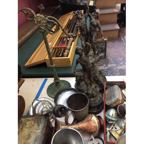 344 - A COLLECTION OF MIXED ITEMS TO INCLUDE SPELTER FIGURINES, ALUMINIUM DUCKS, VINTAGE TINS ETC