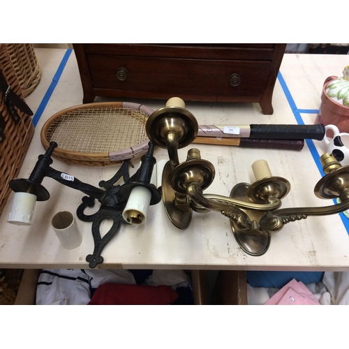 351 - THREE METAL WALL SCONCES AND TWO VINTAGE TENNIS RACKETS