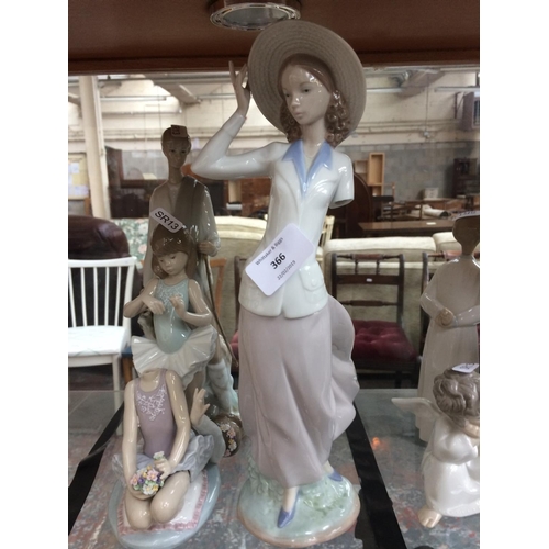 366 - THREE LLADRO FIGURINES TO INCLUDE A GIRL BALLERINA (A/F), LADY WITH HAT (A/F) AND A MALE WITH DOG