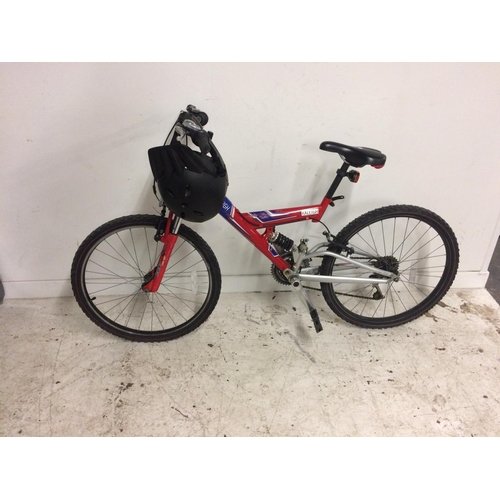 8 - A BLUE AND RED DUAL SUSPENSION BOYS MOUNTAIN BIKE WITH 18 SPEED SHIMANO GEAR SYSTEM TOGETHER WITH A ... 