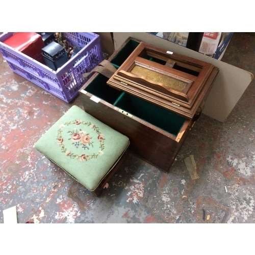 338 - THREE ITEMS TO INCLUDE A GEORGIAN MAHOGANY BOX WITH NO LID, MAHOGANY TAPESTRY COVERED STOOL AND A VI... 