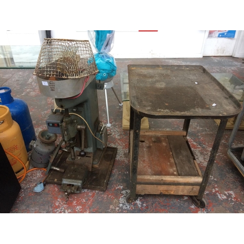 23 - A GOOD QUALITY VINTAGE AJAX MT CO. MAINS OPERATED PILLAR DRILL ON INDUSTRIAL FOUR WHEELED STAND