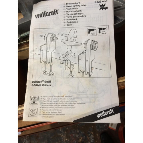 54 - A WOODEN BOX CONTAINING WOLFCRAFT WOOD TURNING LATHE WITH INSTRUCTION MANUAL (W/O)